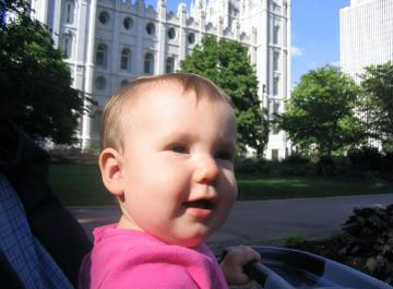 Audrey happy at the Salt Lake Temple on the way to Colorado.