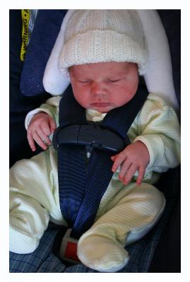 Ready for his car ride home, at just 7 hours old!