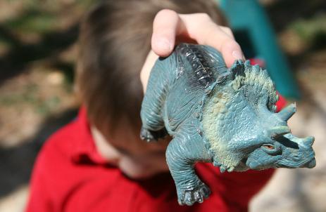 The middlest one and his dinosaur.  I tried to get him to look at me, but when he looked at me, the dinosaur would try to eat the camera.  It was safer just to not worry about it!