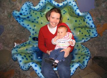 At the Monterrey Bay Aquarium, Laura and Audrey pose as pearls in the clam...