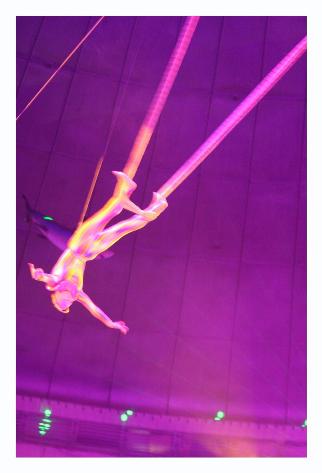 Blurry, but this was my favorite act so it's on here.  She'd swing on this band and then jump off and catch it with her feet.