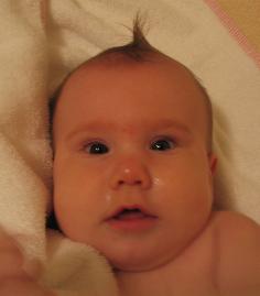 Audrey has enough hair to do a mohawk after her bath! Mom always makes me comb it down after, though.